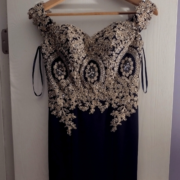 Navy Blue & Gold Prom Dress XS - Picture 1 of 4